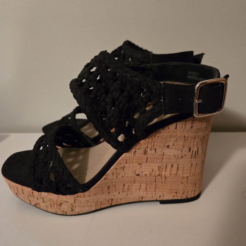 Mix No. 6 Black Woven Cork Wedges